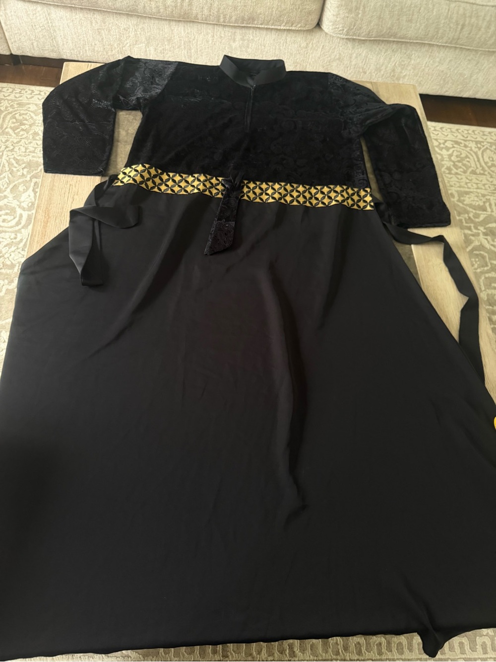 Abaya Elegant Black Maxi Dress with Gold Trim belted half zip - Picture 3 of 8